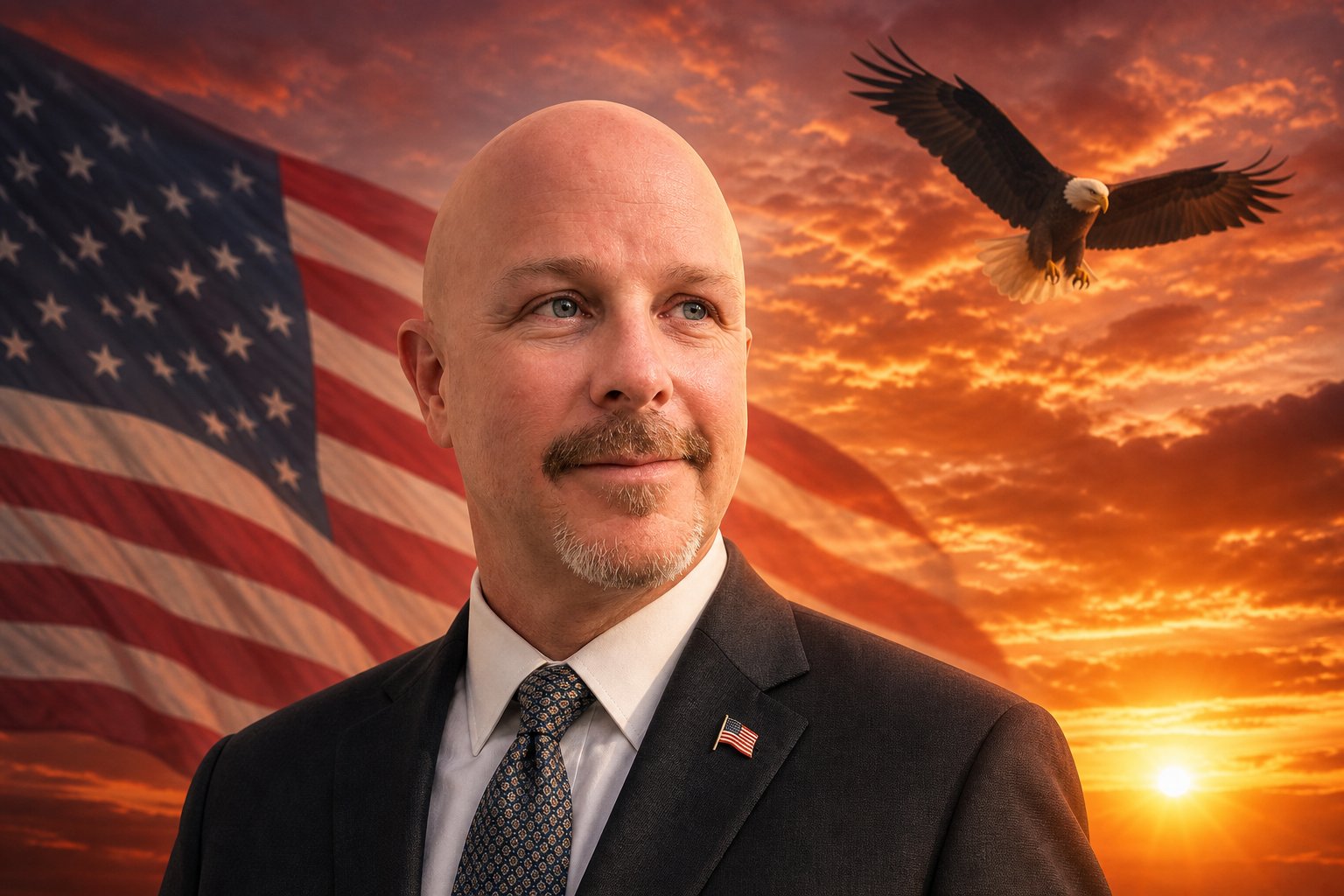 Adam Gaffney looking toward a sunset with an American flag and bald eagle