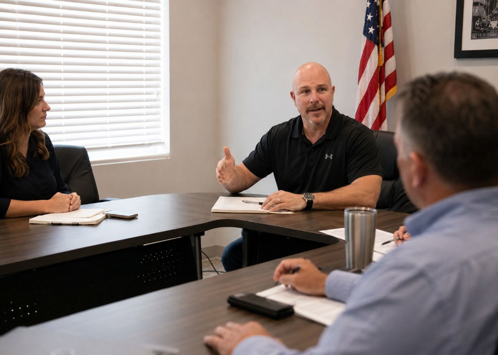 Adam Gaffney speaking with colleagues around a conference table
